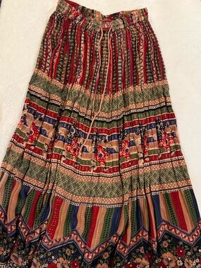 Bohemian Floral Tiered Maxi Skirt - Red, Green & Navy